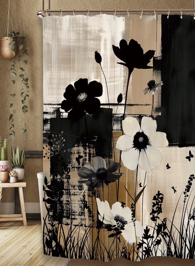 Miyotaa Abstract Modern Plant Flower Shower Curtain Set 60Wx71H Inches Black Tan Contemporary Minimalist Brushstroke Botanical Art Waterproof Bathroom Curtain with 12 Hooks - Image 4