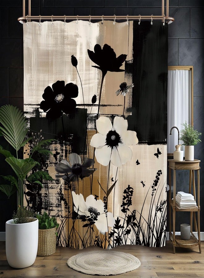 Miyotaa Abstract Modern Plant Flower Shower Curtain Set 60Wx71H Inches Black Tan Contemporary Minimalist Brushstroke Botanical Art Waterproof Bathroom Curtain with 12 Hooks - Image 2