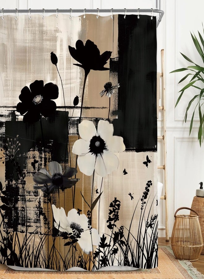 Miyotaa Abstract Modern Plant Flower Shower Curtain Set 60Wx71H Inches Black Tan Contemporary Minimalist Brushstroke Botanical Art Waterproof Bathroom Curtain with 12 Hooks - Image 1