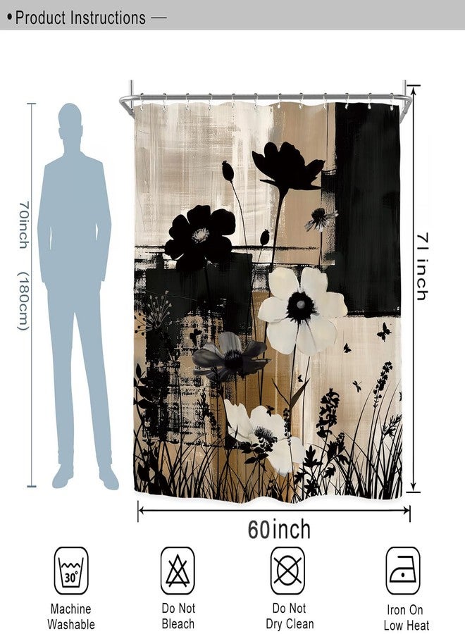 Miyotaa Abstract Modern Plant Flower Shower Curtain Set 60Wx71H Inches Black Tan Contemporary Minimalist Brushstroke Botanical Art Waterproof Bathroom Curtain with 12 Hooks - Image 3