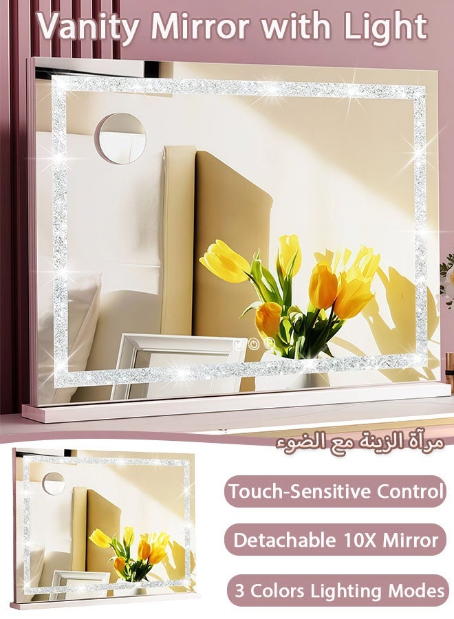 Vanity Mirror with Lights, Crystal Crushed Diamond Frame, Smart Touch 3 Color Light, Tabletop Makeup Mirror, Large Hollywood Mirror with Dimmable LED Light Strip USB Charge Port 3 Color Modes  - Image 1