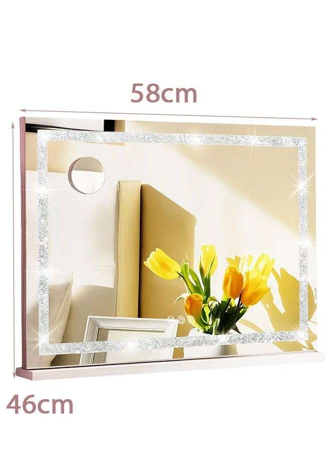 Vanity Mirror with Lights, Crystal Crushed Diamond Frame, Smart Touch 3 Color Light, Tabletop Makeup Mirror, Large Hollywood Mirror with Dimmable LED Light Strip USB Charge Port 3 Color Modes  - Image 2