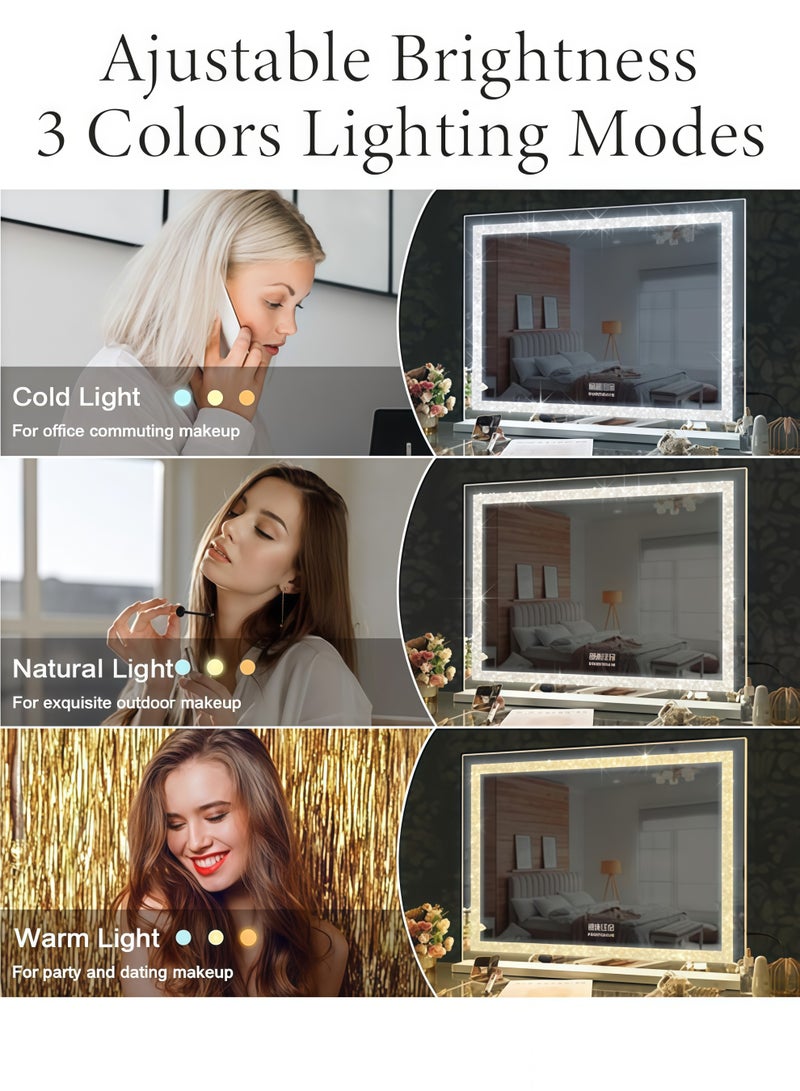 Vanity Mirror with Lights, Crystal Crushed Diamond Frame, Smart Touch 3 Color Light, Tabletop Makeup Mirror, Large Hollywood Mirror with Dimmable LED Light Strip USB Charge Port 3 Color Modes  - Image 5