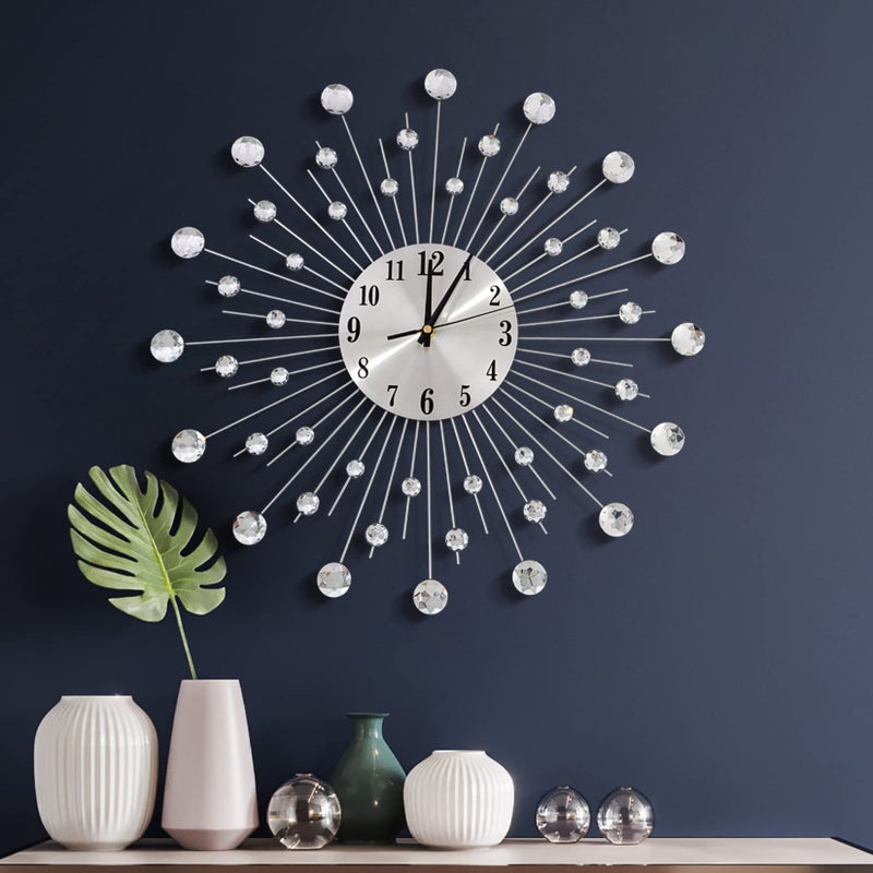 JUGV 197 Inch Large Wall Clock for Living Room Decor NonTicking Quiet Modern Metal Starburst Bling Silver Crystal Wall Clocks Decor for Bedrooms Kitchen Decorative