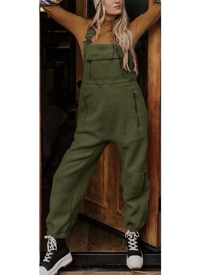 utcoco Womens Fuzzy Fleece Overall Jumpsuits Casual Loose Fit Winter Sherpa Bib Overalls with Pockets (Medium, Army Green) - Image 2