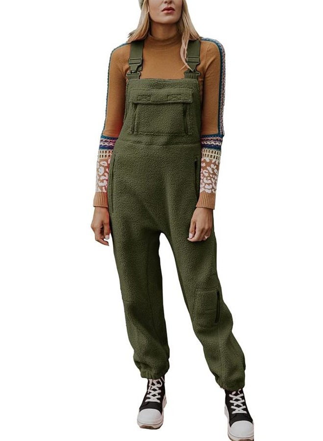 utcoco Womens Fuzzy Fleece Overall Jumpsuits Casual Loose Fit Winter Sherpa Bib Overalls with Pockets (Medium, Army Green) - Image 1