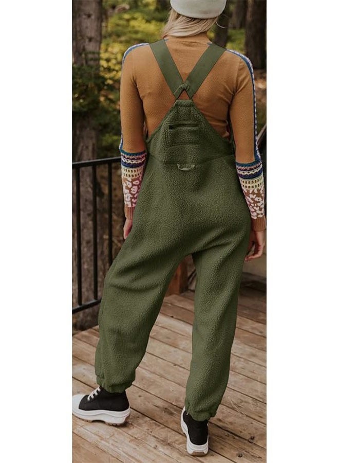utcoco Womens Fuzzy Fleece Overall Jumpsuits Casual Loose Fit Winter Sherpa Bib Overalls with Pockets (Medium, Army Green) - Image 4