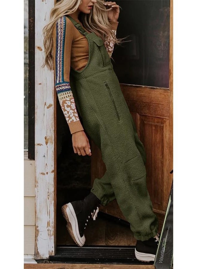 utcoco Womens Fuzzy Fleece Overall Jumpsuits Casual Loose Fit Winter Sherpa Bib Overalls with Pockets (Medium, Army Green) - Image 3