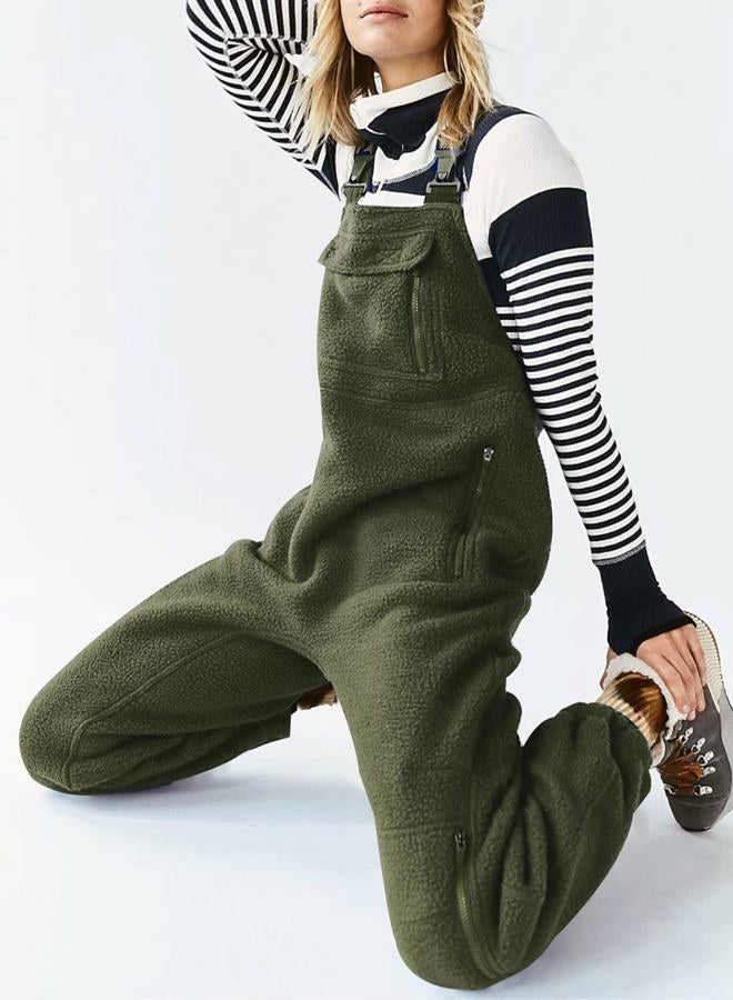 utcoco Womens Fuzzy Fleece Overall Jumpsuits Casual Loose Fit Winter Sherpa Bib Overalls with Pockets (Medium, Army Green) - Image 5