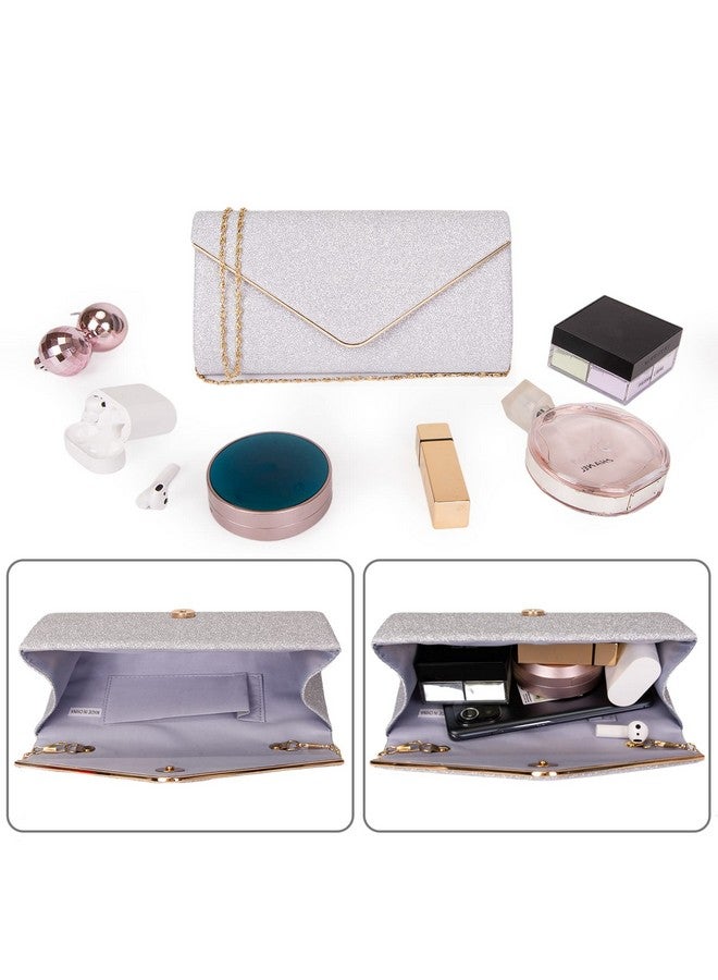 حقائب كلاتش لارسينسيل للنساء، حقيبة سهرة لامعة على شكل ظرف مع سلسلة قابلة للفصل، حقيبة يد رسمية معدنية مزينة بالترتر اللامع، حقيبة كتف كروس بودي، حقيبة حفلات التخرج، حقيبة كلاتش لحفلات الزفاف (فضية) - Image 3