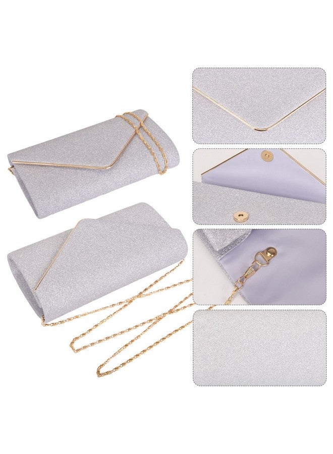 حقائب كلاتش لارسينسيل للنساء، حقيبة سهرة لامعة على شكل ظرف مع سلسلة قابلة للفصل، حقيبة يد رسمية معدنية مزينة بالترتر اللامع، حقيبة كتف كروس بودي، حقيبة حفلات التخرج، حقيبة كلاتش لحفلات الزفاف (فضية) - Image 2