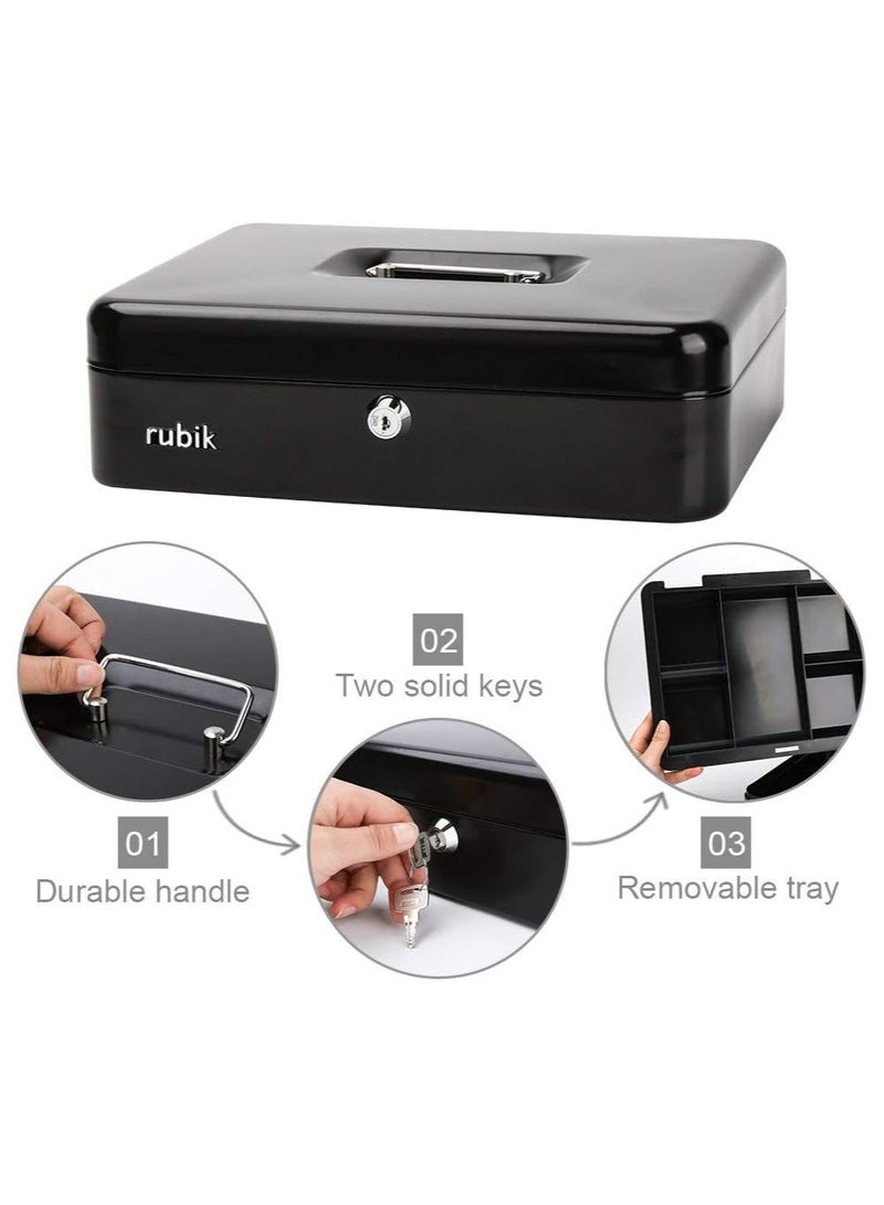 Rubik X-Large Cash Box Steel Register with Tray and Lock Durable Portable Money Box Safe for Bills Jewelry Receipts Coins (30x24x9cm) Black  - Image 3