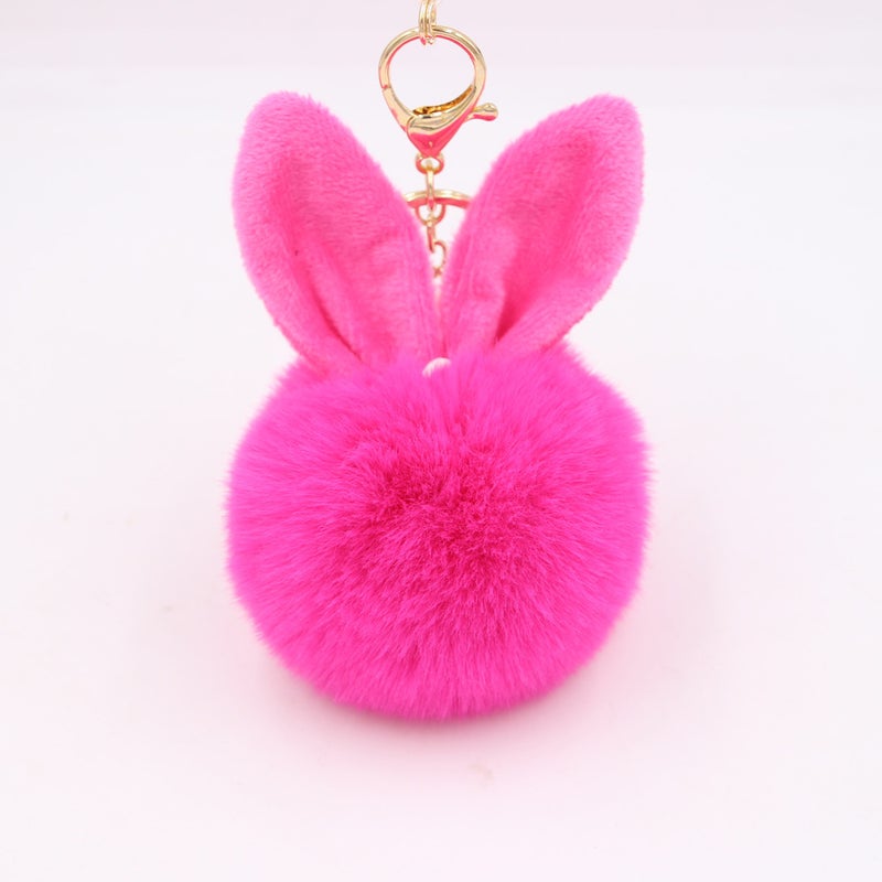 Generic Cute Rabbit Ear Pompom Keychain Rose Red - Image 1