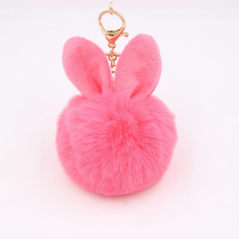 Generic Cute Rabbit Ear Pompom Keychain Rose Red - Image 2