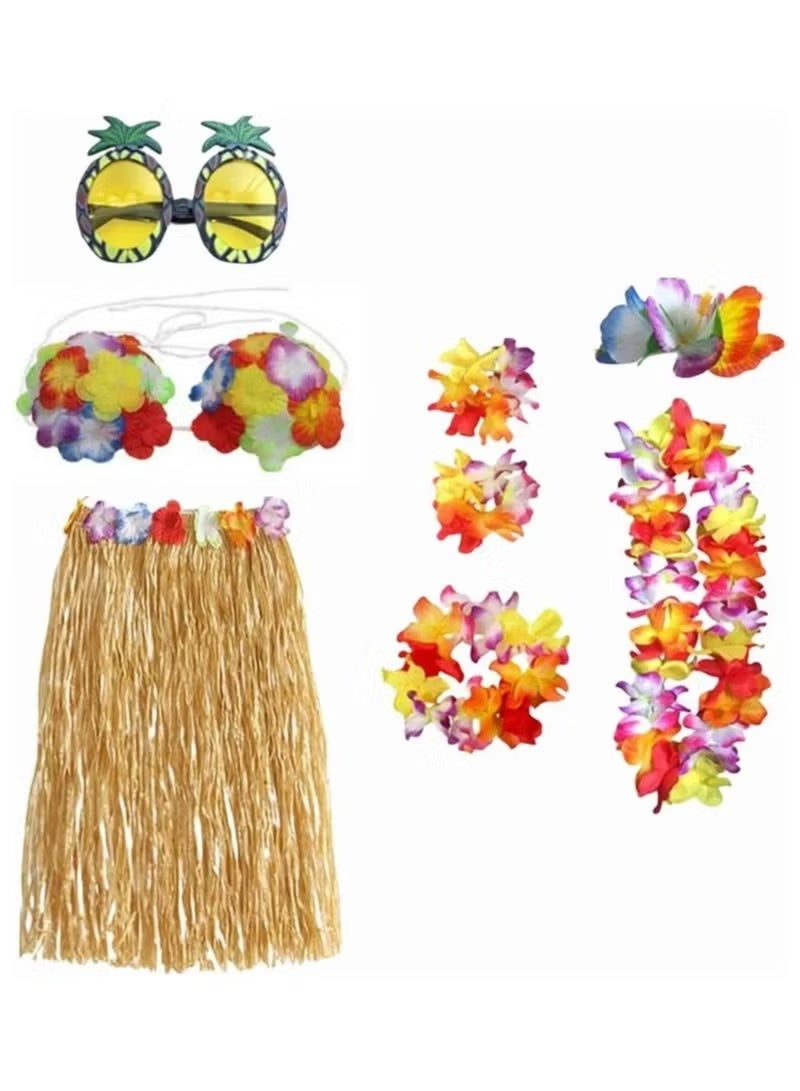 8-piece grass skirt set, perfect for Hawaiian beach tropical parties and costume balls! Stretch Hawaiian lei grass skirt with flowers, matching bracelets, necklaces, hairpins, pineapple sunglasses, perfect for Hawaiian hula and seagrass dancing. Green grass skirt set and yellow grass skirt set - Image 2