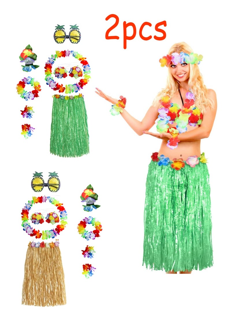 8-piece grass skirt set, perfect for Hawaiian beach tropical parties and costume balls! Stretch Hawaiian lei grass skirt with flowers, matching bracelets, necklaces, hairpins, pineapple sunglasses, perfect for Hawaiian hula and seagrass dancing. Green grass skirt set and yellow grass skirt set - Image 1