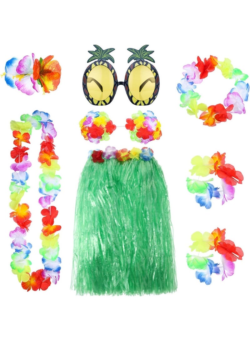8-piece grass skirt set, perfect for Hawaiian beach tropical parties and costume balls! Stretch Hawaiian lei grass skirt with flowers, matching bracelets, necklaces, hairpins, pineapple sunglasses, perfect for Hawaiian hula and seagrass dancing. Green grass skirt set and yellow grass skirt set - Image 3