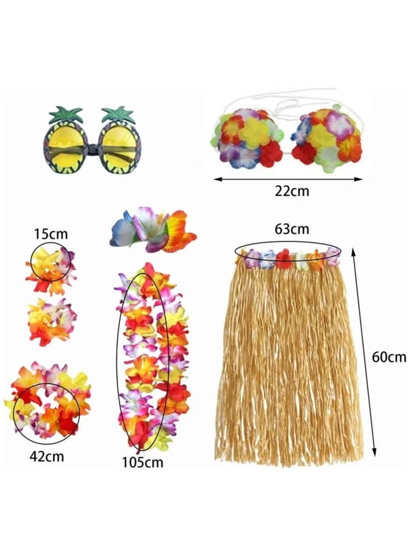 8-piece grass skirt set, perfect for Hawaiian beach tropical parties and costume balls! Stretch Hawaiian lei grass skirt with flowers, matching bracelets, necklaces, hairpins, pineapple sunglasses, perfect for Hawaiian hula and seagrass dancing. Green grass skirt set and yellow grass skirt set - Image 4