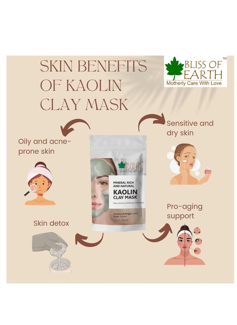 BLISS OF EARTH Bliss Of Earth Pure White Kaolin Clay Powder 2X100GM Finest Grade Natural Facial Mask Remove Excessive Oil & Dirt From Face Great For DIY Products Soaps Natural Deodorant  - Image 2
