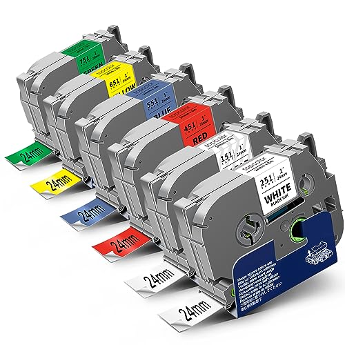 Topcolor 6-Pack 24mm 0.94" Laminated Tape Compatible for Brother 24mm Label Tape Tze-151 251 451 551 651 751 P Touch Tze Tz 1 Inch Multi-Color Label for PTD610BT PTD600 PTP710BT PTP750W PTP910BT - Image 1