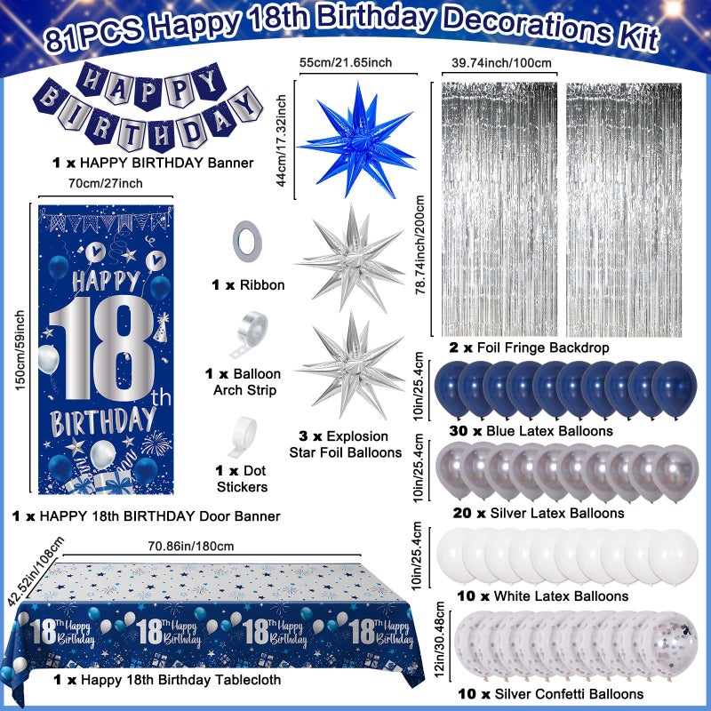 Pounira 18th Birthday Decorations for Boys, Blue Happy 18th Birthday Decorations for Men, 18 Year Old Boy Birthday Door Banner, 18th Bday Party Tablecloth Foil Backdrop Star Balloons Decor for 18th Girls Boys - Image 3