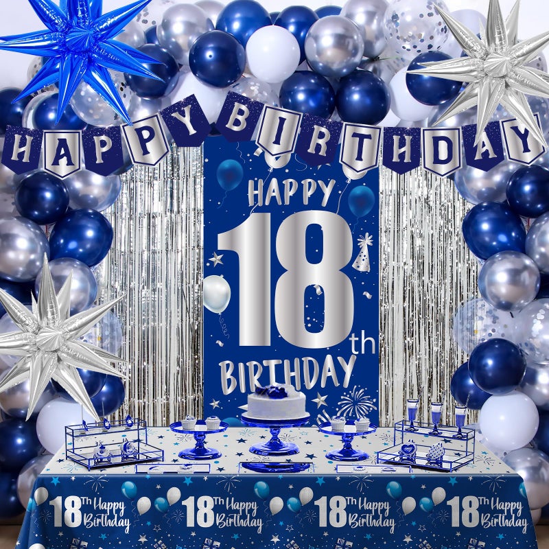 Pounira 18th Birthday Decorations for Boys, Blue Happy 18th Birthday Decorations for Men, 18 Year Old Boy Birthday Door Banner, 18th Bday Party Tablecloth Foil Backdrop Star Balloons Decor for 18th Girls Boys - Image 1