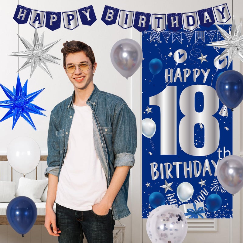 Pounira 18th Birthday Decorations for Boys, Blue Happy 18th Birthday Decorations for Men, 18 Year Old Boy Birthday Door Banner, 18th Bday Party Tablecloth Foil Backdrop Star Balloons Decor for 18th Girls Boys - Image 5