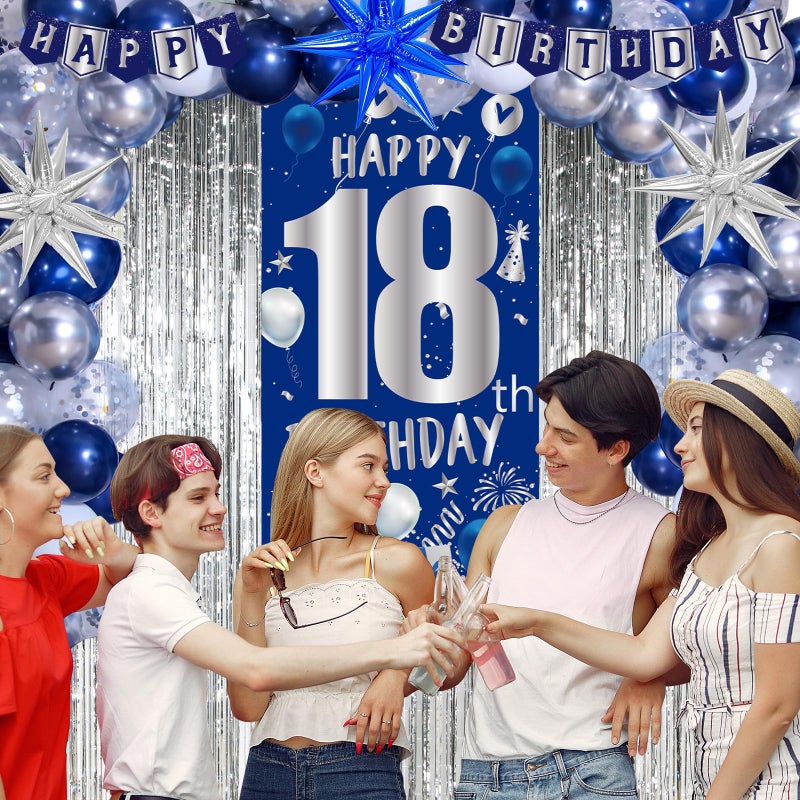 Pounira 18th Birthday Decorations for Boys, Blue Happy 18th Birthday Decorations for Men, 18 Year Old Boy Birthday Door Banner, 18th Bday Party Tablecloth Foil Backdrop Star Balloons Decor for 18th Girls Boys - Image 4