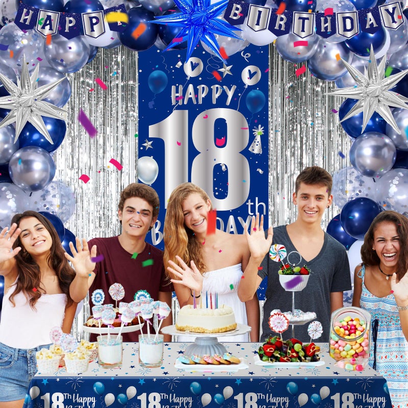 Pounira 18th Birthday Decorations for Boys, Blue Happy 18th Birthday Decorations for Men, 18 Year Old Boy Birthday Door Banner, 18th Bday Party Tablecloth Foil Backdrop Star Balloons Decor for 18th Girls Boys - Image 2