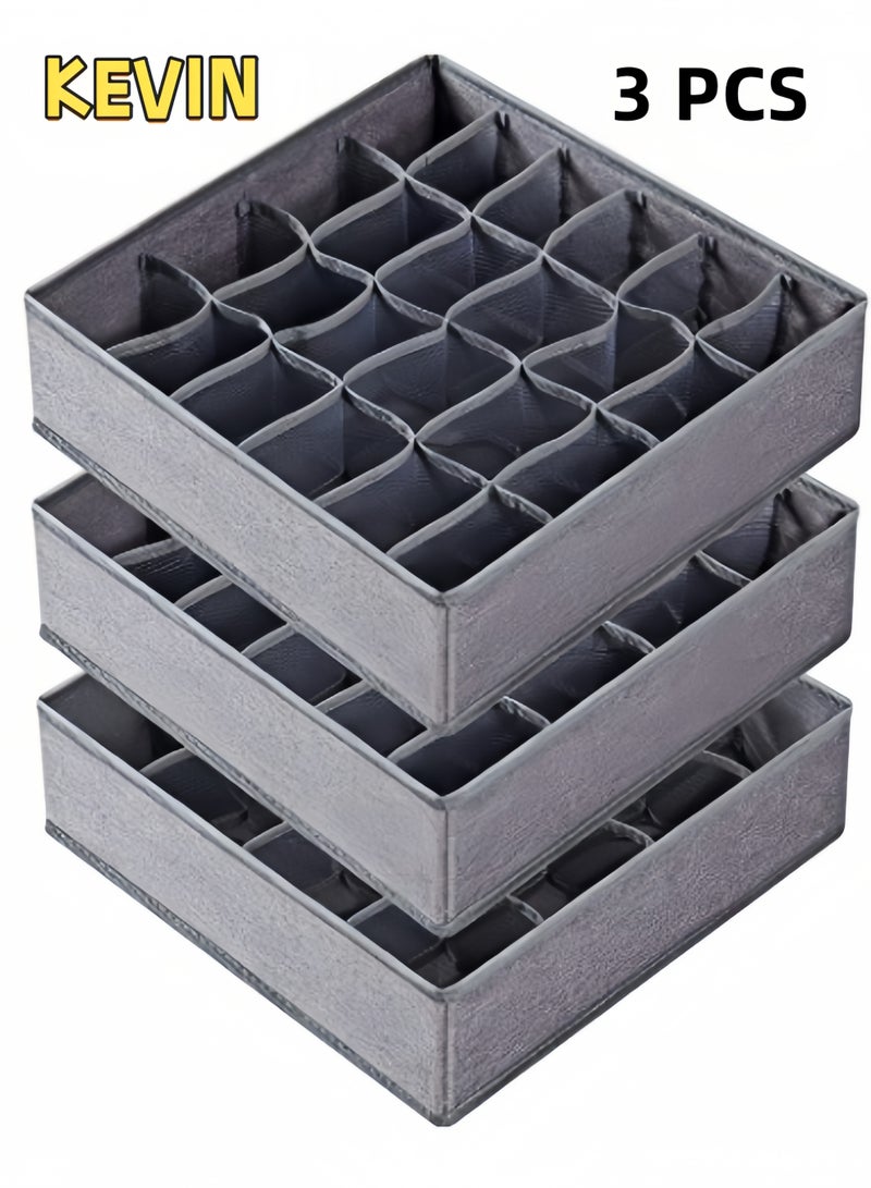 كيفن بوكسات تنظيم مقسمات ادراج 3 عبوات من منظم الجوارب للملابس الداخلية للدرج، بوكسات تخزين منظمات ملابس 64 خلية منظم خزانة قابل للطي ومقسم وصناديق تخزين الملابس الداخلية لتخزين الجوارب والمناديل والربطات والأحزمة ترتيب ملابس (24+24+16 خلية منظمات ادراج، رمادي) - Image 1