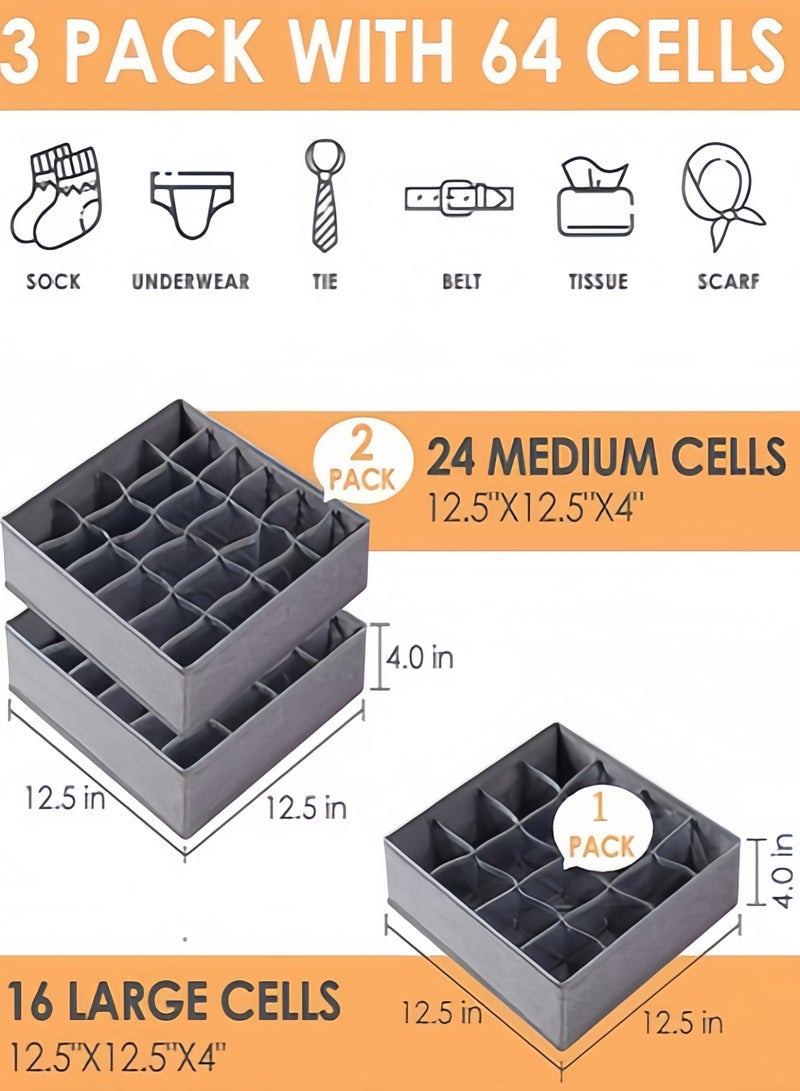 كيفن بوكسات تنظيم مقسمات ادراج 3 عبوات من منظم الجوارب للملابس الداخلية للدرج، بوكسات تخزين منظمات ملابس 64 خلية منظم خزانة قابل للطي ومقسم وصناديق تخزين الملابس الداخلية لتخزين الجوارب والمناديل والربطات والأحزمة ترتيب ملابس (24+24+16 خلية منظمات ادراج، رمادي) - Image 2