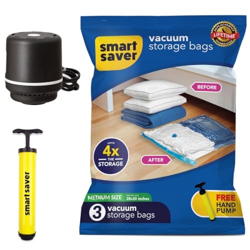 Smart Saver Plastic Vacuum Compression Bags|Vacuum Storage Bags|Vacuum Bags For Travel|Space Saver Vacuum Bags(3Medium + Electric And Manual Pump),White - Image 1