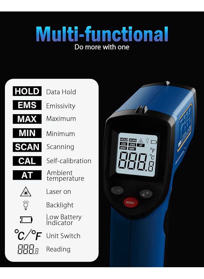 Benetech Infrared Thermometer Gun -50 To 400℃(-58 To 752℉), Non-Contact Surface Temperature Gun For Measuring Cooking Food Pizza Oven Grill Meat - Image 3