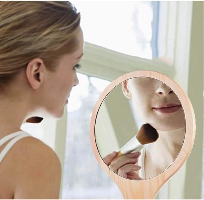 URBAN BOX Handheld Wooden Mirror Natual Wood Frame with Ergonomic Handle for Personal Grooming and Makeup - Image 3