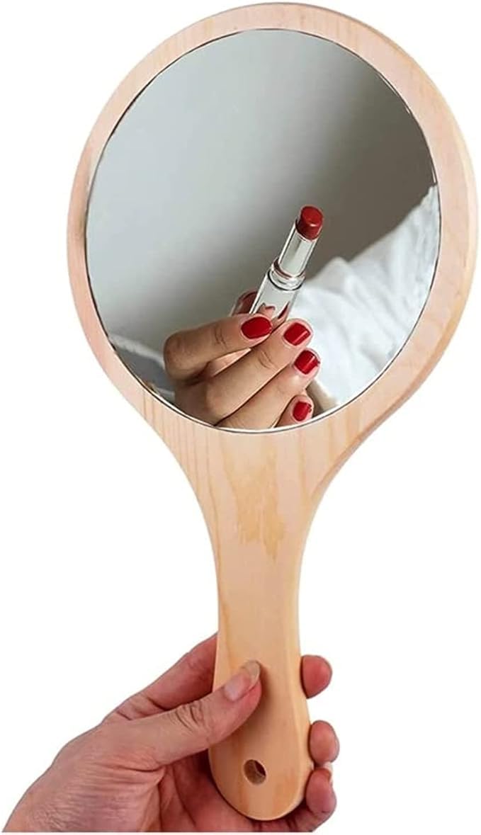 URBAN BOX Handheld Wooden Mirror Natual Wood Frame with Ergonomic Handle for Personal Grooming and Makeup - Image 2