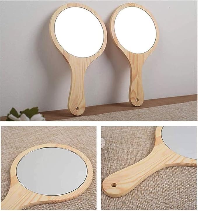 URBAN BOX Handheld Wooden Mirror Natual Wood Frame with Ergonomic Handle for Personal Grooming and Makeup - Image 4