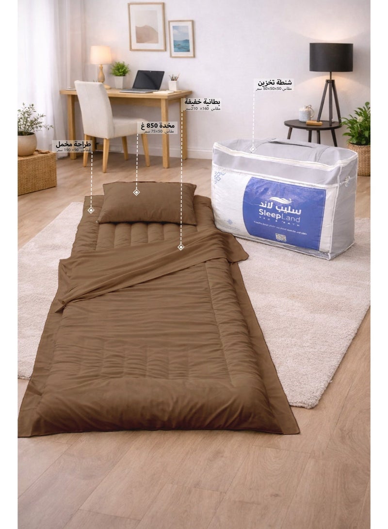 SleepLand Guest and travel package, brown, consisting of a mattress, blanket, pillow, and pillowcase - Image 1