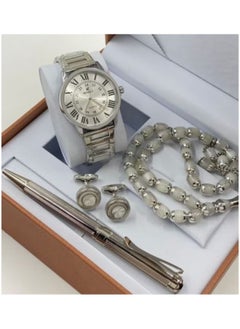 Men's stainless steel set consisting of a watch, a rosary, a pen and cufflinks