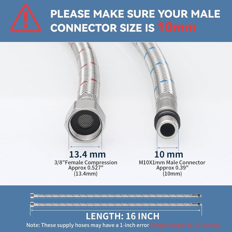 Homevacious 16-Inch Long Bathroom Kitchen Faucet Connector Braided Supply Hose 3/8-Inch Female Compression Stainless Steel Sink Faucet Connection Thread x M10 Male Connector x 2 Pcs (1 Pair) - Image 2