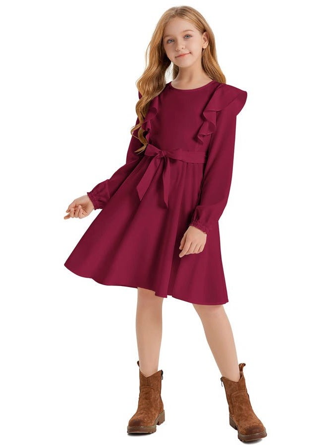 Quedoris Girls Ruffle Trim Dress Print and Solid Color A-line Swing Flared Belted Casual Party Dress with Zipper, Wine Fall, 11-12 Years - Image 2