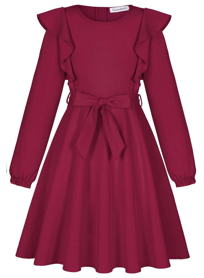 Quedoris Girls Ruffle Trim Dress Print and Solid Color A-line Swing Flared Belted Casual Party Dress with Zipper, Wine Fall, 11-12 Years - Image 3