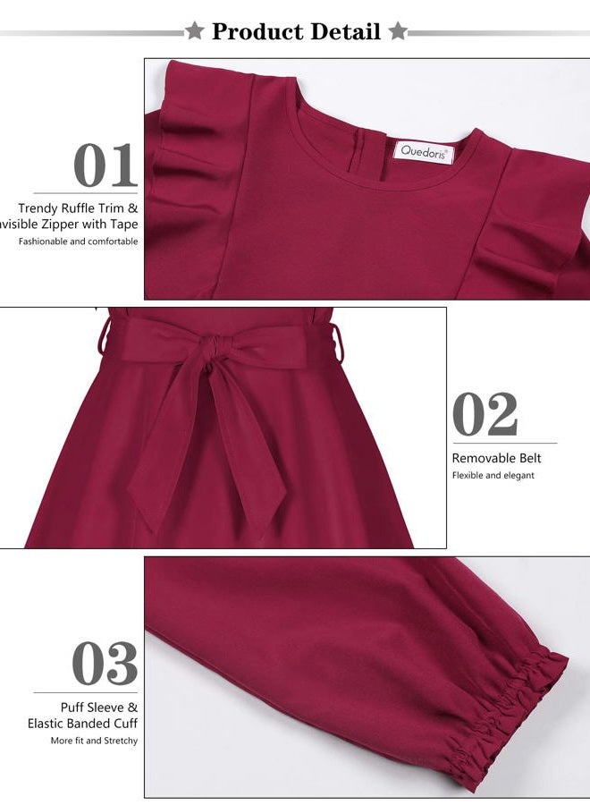 Quedoris Girls Ruffle Trim Dress Print and Solid Color A-line Swing Flared Belted Casual Party Dress with Zipper, Wine Fall, 11-12 Years - Image 5
