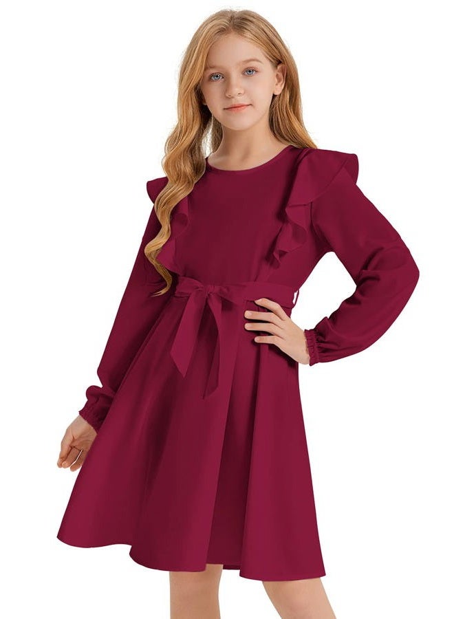 Quedoris Girls Ruffle Trim Dress Print and Solid Color A-line Swing Flared Belted Casual Party Dress with Zipper, Wine Fall, 11-12 Years - Image 1