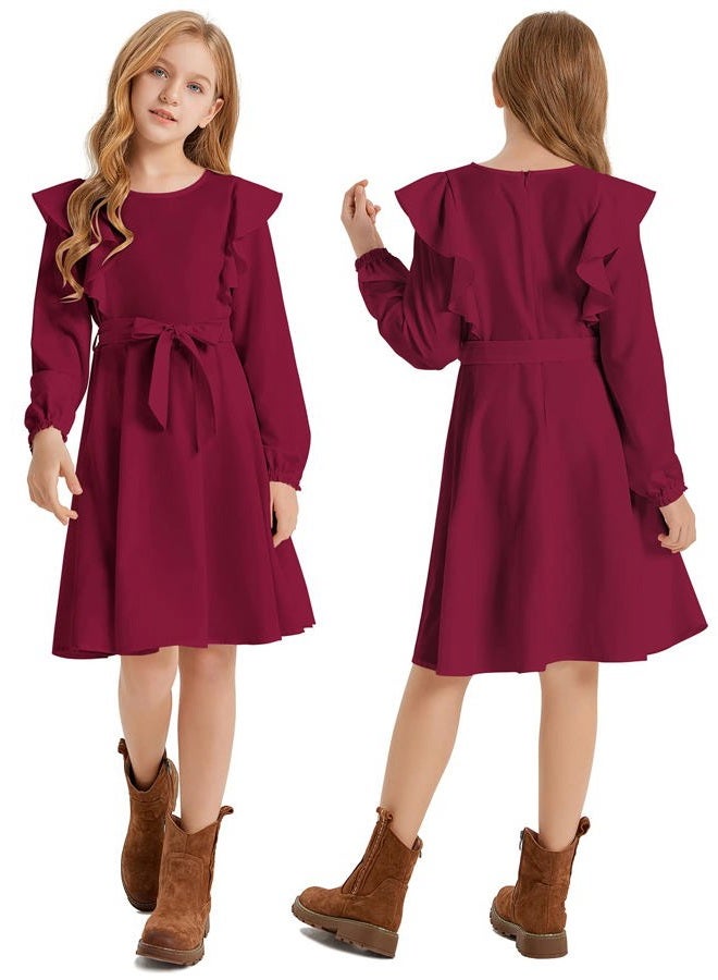Quedoris Girls Ruffle Trim Dress Print and Solid Color A-line Swing Flared Belted Casual Party Dress with Zipper, Wine Fall, 11-12 Years - Image 4