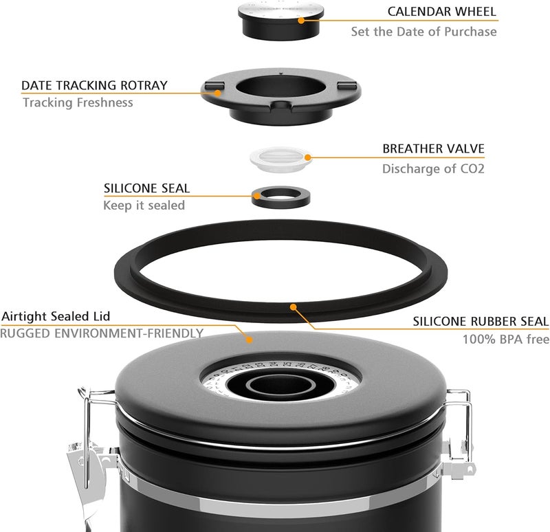 Miscedence 35OZ Coffee Canister for ground coffee with Date Tracker,One Way Co2 Valve 304 Stainless Steel Kitchen Food Airtight storage container for Coffee Beans or Grounds, Sugar Black - Image 4