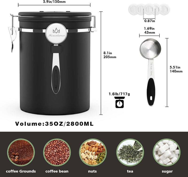 Miscedence 35OZ Coffee Canister for ground coffee with Date Tracker,One Way Co2 Valve 304 Stainless Steel Kitchen Food Airtight storage container for Coffee Beans or Grounds, Sugar Black - Image 3