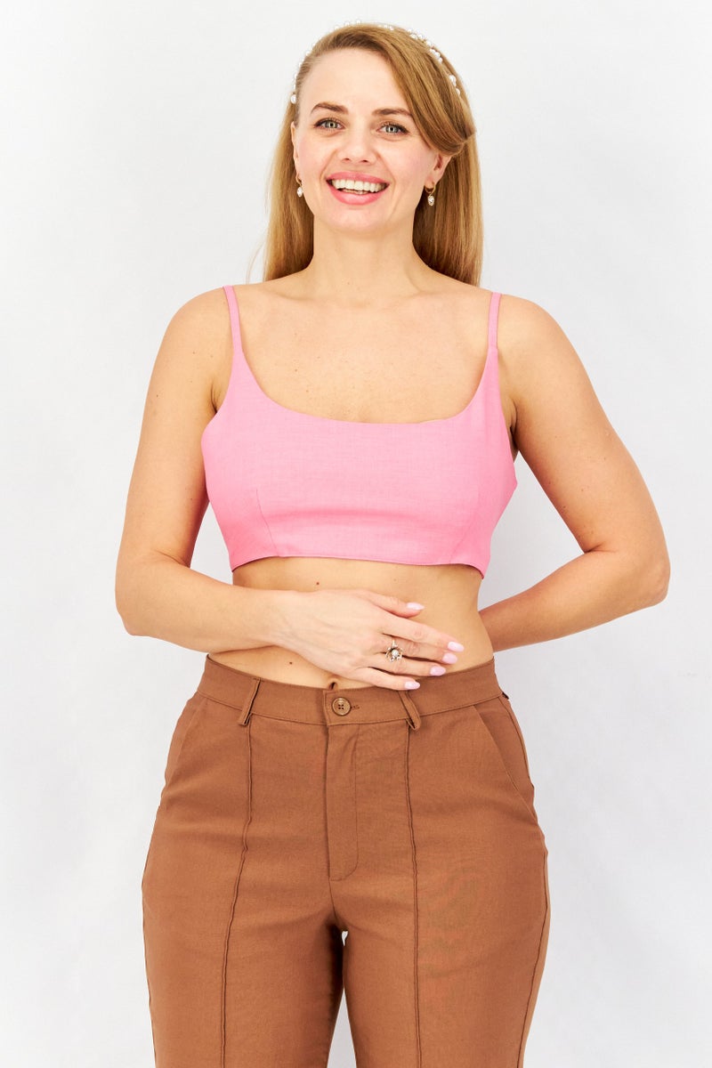 Asos Design Women Scoop Neck Sleeveless Plain Crop Tops, Pink - Image 1