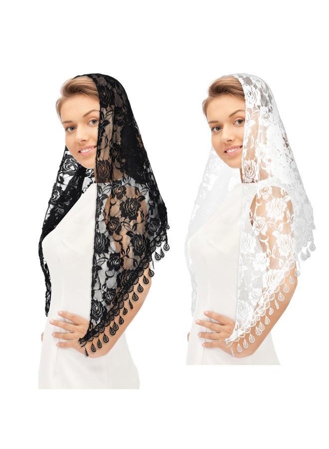 Lnngub 2 Pcs Lace Veil Mass Veil Triangle Mantilla Veil Catholic Veils for Women Mass Cathedral Head Covering Chapel Veils with Fringed Latin Mass Head Covering Veils Church Veils for Women, - Image 1