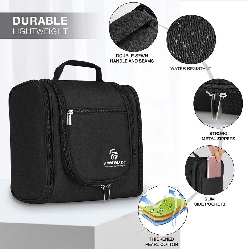 Freegrace Hanging Toiletry Bag Extra Large Capacity | Premium Travel Organizer Bags For Men And Women | Durable Waterproof Nylon Bathroom, Shower, Makeup Bag For Toiletries, Cosmetics, Brushes (Snow Black) - Image 3