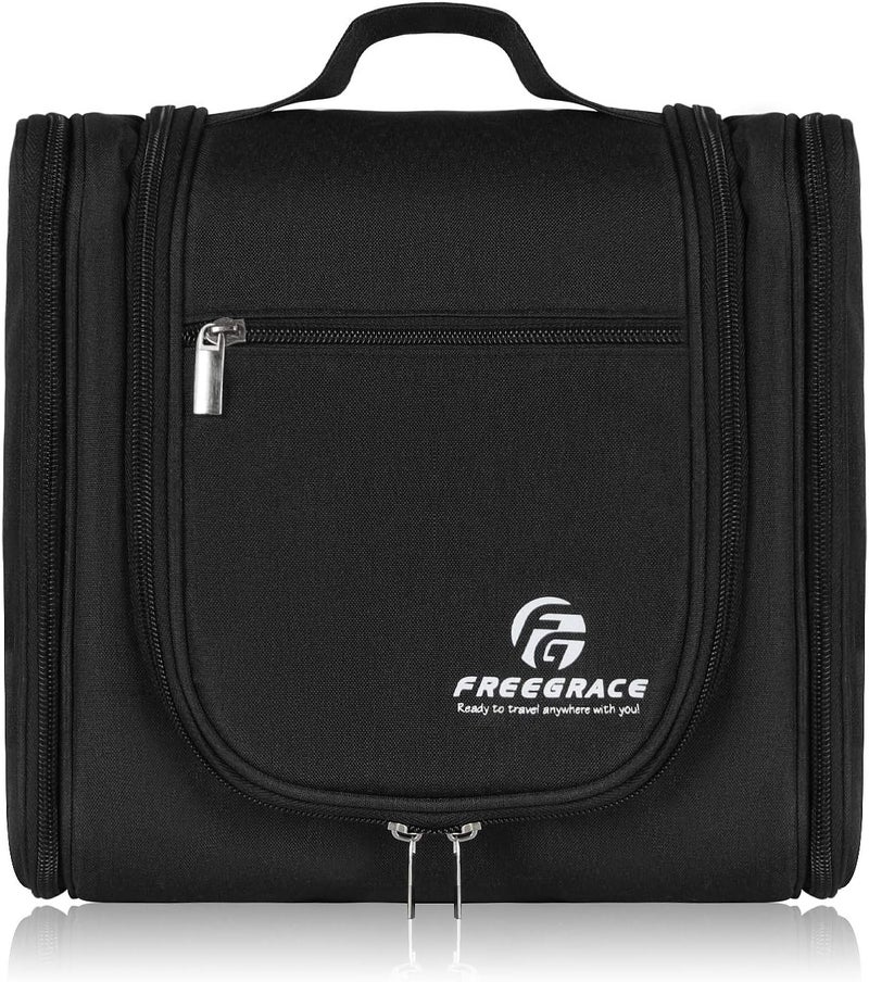 Freegrace Hanging Toiletry Bag Extra Large Capacity | Premium Travel Organizer Bags For Men And Women | Durable Waterproof Nylon Bathroom, Shower, Makeup Bag For Toiletries, Cosmetics, Brushes (Snow Black) - Image 1